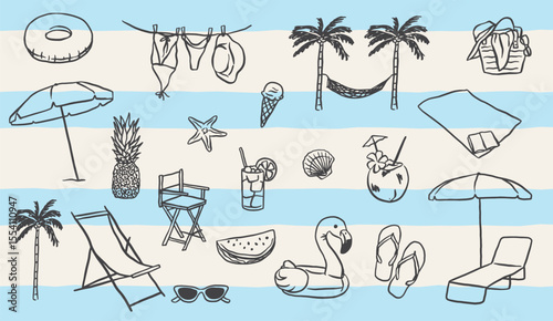 Hand-drawn summer vacation vector illustrations in a grunge style using chalk or charcoal. Ideal for editorial designs, travel branding, print products, or social media.