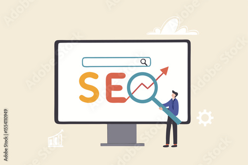 SEO Search Engine Optimization, website search result, advertising or marketing to boost web ranking or user discovery concept, businessman hold magnifying glass on SEO rising arrow search box.