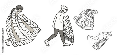 Minimalist illustration showcasing individuals interacting with a cable knit blanket in various dynamic poses during the winter.