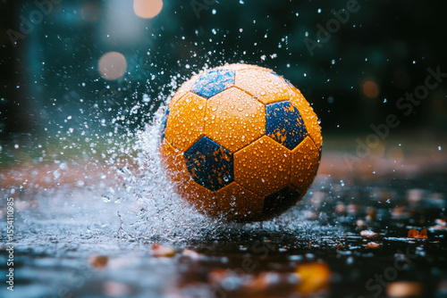 An action shot captures the vibrant energy of a football as it collides with water, creating a dynamic splash, Soccer ball splashing through water on the street.