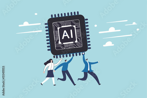 Embrace AI, Artificial Intelligence adoption, user or people who use AI to help and support work success, innovation or revolution to change business concept, business people carry AI processing chip.