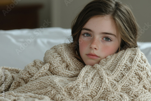 Cozy Comfort: A young girl, wrapped in a warm knitted sweater, embodies serenity, radiating gentle, subtle emotions that soothe the soul.