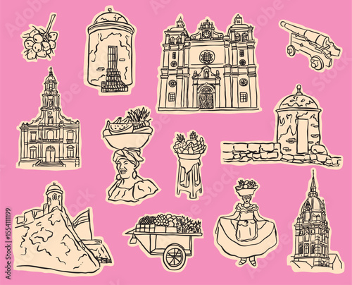 Set of illustrations of Cartagena de Indias in doodle or sketch-style line art. Includes iconic elements of the city. Ideal for tourism projects, publishing, souvenirs, stationery, or Colombian cultur
