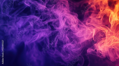 Purple and orange smoke against a black background. The abstract concept of color and texture. The image emphasizes the contrast and movement of the smoke.