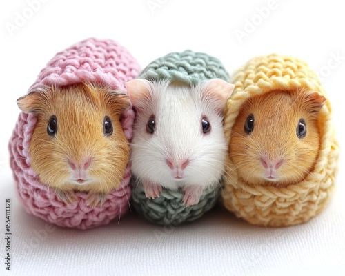 Three adorable guinea pigs wrapped in colorful knitted cozy blankets
