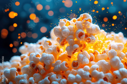 Popcorn Burst: An eye-level close-up of a captivating popcorn explosion, capturing the essence of a classic movie night treat.