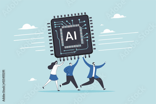 Embrace AI, Artificial Intelligence adoption, user or people who use AI to help and support work success, innovation or revolution to change business concept, business people carry AI processing chip.