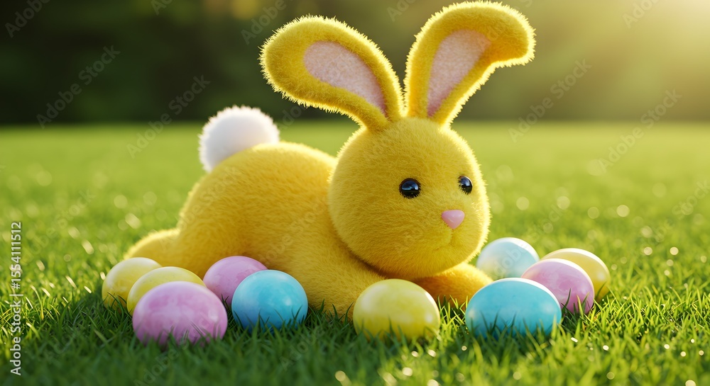 Fototapeta premium Cute Yellow Easter Bunny with Colorful Eggs in a Grass Field