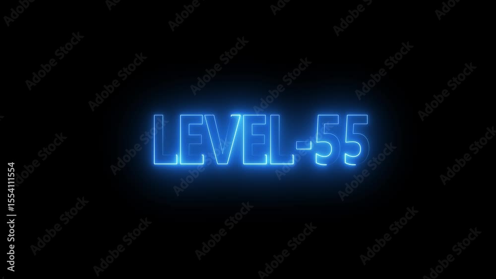 Glowing level-55 text with glitch effects animation. game concept next level icon isolated . Black background.