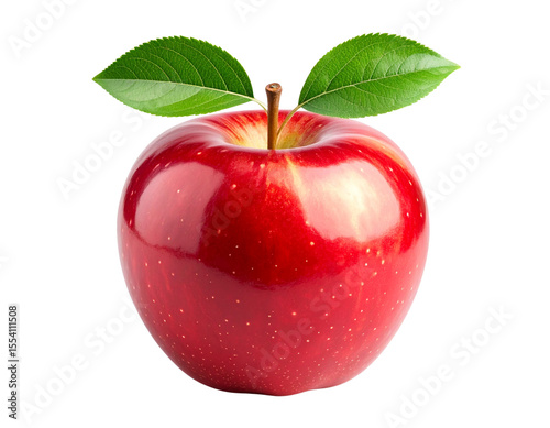 Fresh red apple with green leaves and natural shine, isolated on transparent background PNG