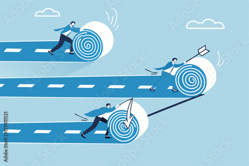 Career path development, effort or motivation to lead to success, business competition, efficiency or productivity, employee performance concept, businessman roll career road to create success path.