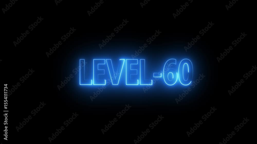 Glowing level-60 text with glitch effects animation. game concept next level icon isolated . Black background.