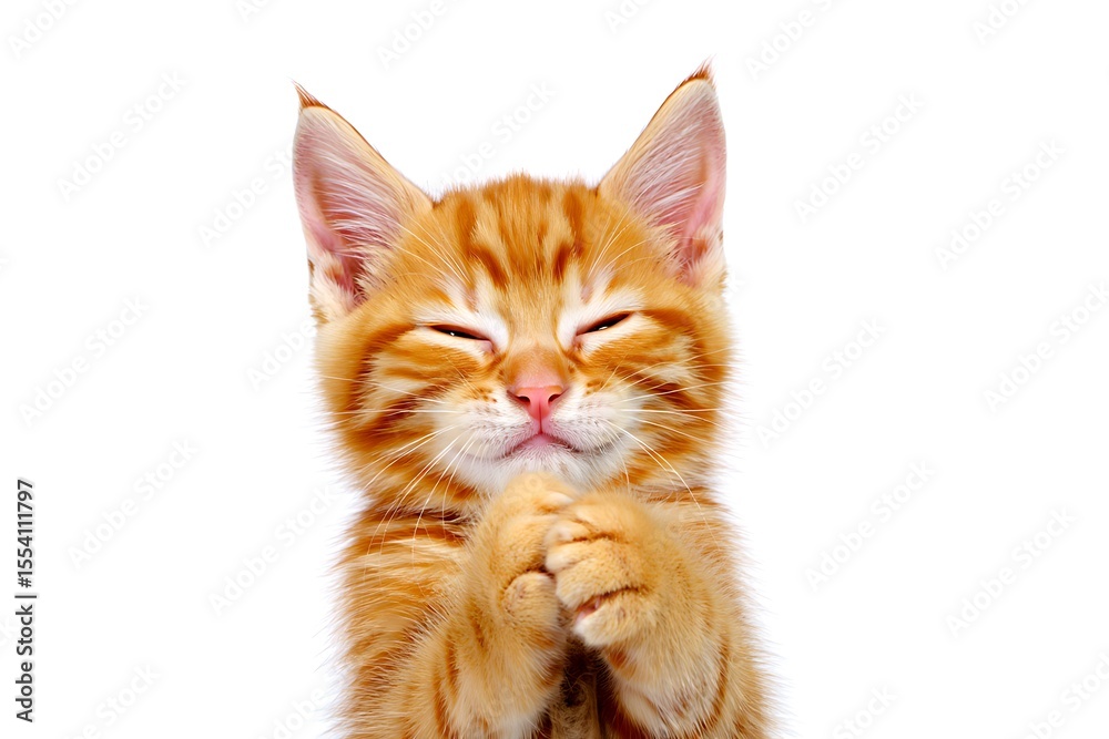 Obraz premium Adorable ginger kitten praying with closed eyes and clasped paws full of hope and devotion