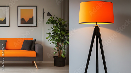 A trendy black tripod lamp with an orange shade serves as both a functional and artistic decor piece