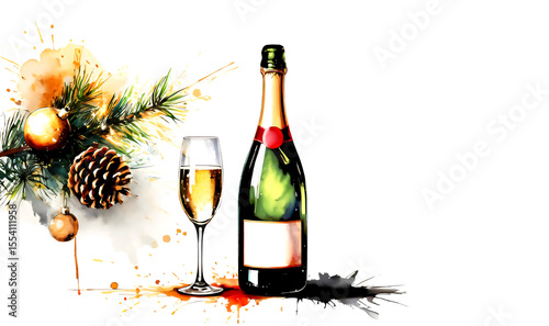Watercolor. Postcard. New Year's composition