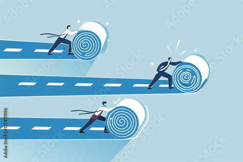 Career path development, effort or motivation to lead to success, business competition, efficiency or productivity, employee performance concept, businessman roll career road to create success path.