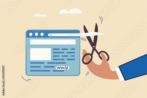 Shorten URL marketing short website address for easy online marketing campaign, hand holding scissor to cut website URL address bar.