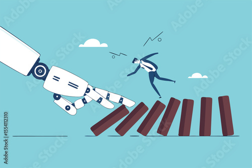 AI to disrupt human work, Artificial intelligence impact or challenge, job uncertainty future, innovation effect, AI change concept, AI robot arm push to collapse domino, businessman falling down.