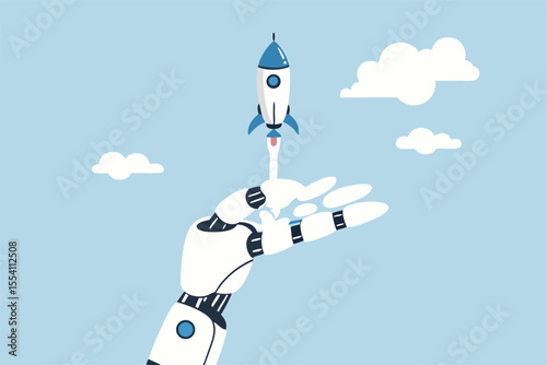 Innovation technology, AI artificial intelligence robot, machine learning project for automation system, innovative algorithm assistance, breakthrough creation concept, robot hand launch new rocket.