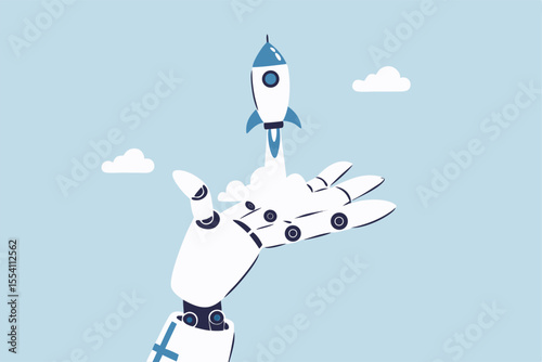 Innovation technology, AI artificial intelligence robot, machine learning project for automation system, innovative algorithm assistance, breakthrough creation concept, robot hand launch new rocket.