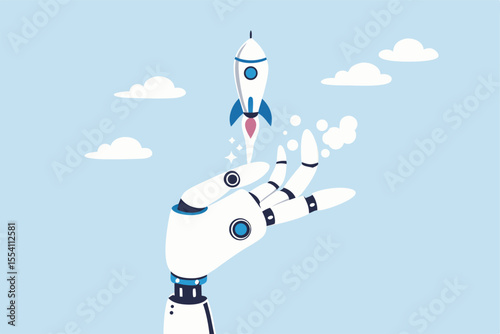 Innovation technology, AI artificial intelligence robot, machine learning project for automation system, innovative algorithm assistance, breakthrough creation concept, robot hand launch new rocket.