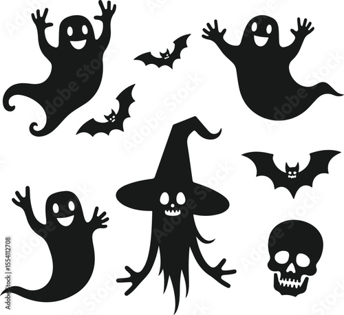 Collection of spooky halloween silhouettes featuring ghosts bats witch and skull