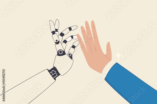 Working together with AI Artificial Intelligence, human cooperate with machine or robot, AI help or support coworker, assistance or partnership concept, businessman hand high five with robot hand.
