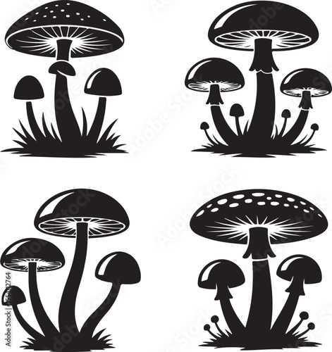 mushroom silhouette with cap and stem, vector black and illustration.