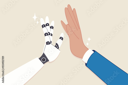 Working together with AI Artificial Intelligence, human cooperate with machine or robot, AI help or support coworker, assistance or partnership concept, businessman hand high five with robot hand.