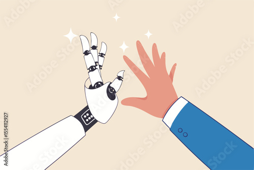 Working together with AI Artificial Intelligence, human cooperate with machine or robot, AI help or support coworker, assistance or partnership concept, businessman hand high five with robot hand.