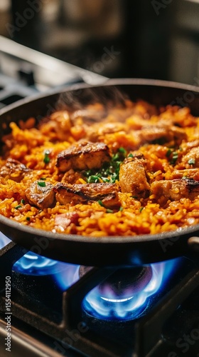 mini paella in portable cazuela over gas burner.