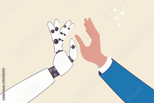 Working together with AI Artificial Intelligence, human cooperate with machine or robot, AI help or support coworker, assistance or partnership concept, businessman hand high five with robot hand.