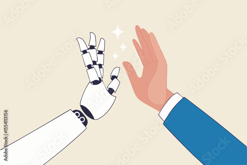 Working together with AI Artificial Intelligence, human cooperate with machine or robot, AI help or support coworker, assistance or partnership concept, businessman hand high five with robot hand.