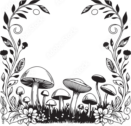 
Detailed Black and White Mushroom and Vine Frame