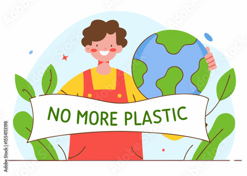 Child holding Earth globe and No More Plastic banner in bright eco style, surrounded by green plants, showcasing environmental awareness and sustainability message in flat vector illustration