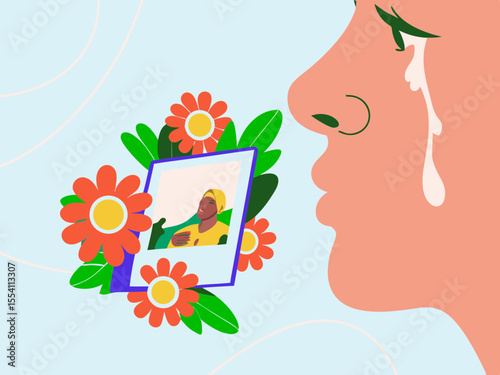 Emotional close-up of a woman with tears in her eyes, holding a cherished photo of a deceased loved one surrounded by vibrant flowers, capturing profound grief and remembrance