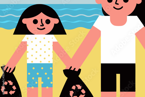 Father and daughter collecting plastic waste at beach, holding recycling bags, flat illustration style, promoting environmental awareness and family bonding through eco-friendly activities