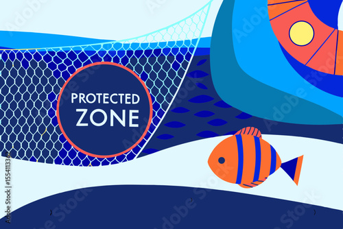 Happy fish swimming near a buoy marking a protected zone, showcasing vibrant colors and aquatic life in a serene underwater environment with a sense of conservation