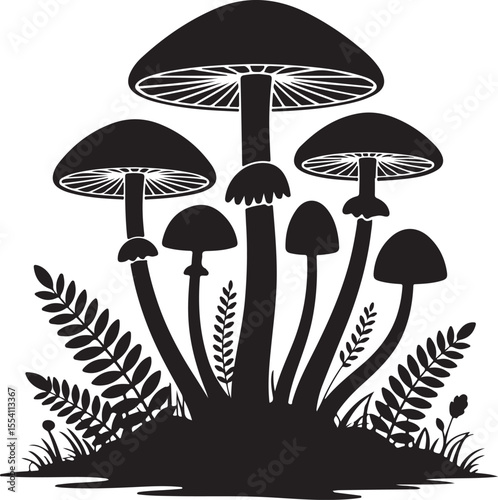 mushroom silhouette with cap and stem, vector black and fern  illustration.