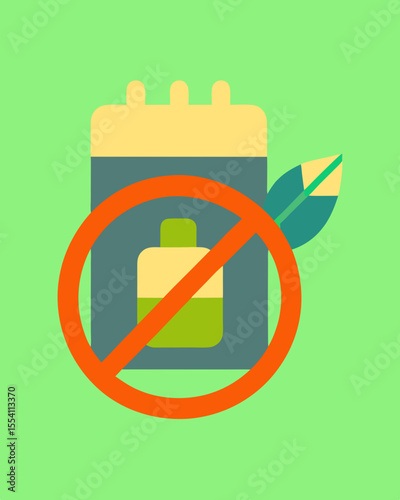 No plastic - calendar page featuring green leaf and crossed-out bottle, flat vector illustration promoting eco-friendly choices and sustainability in daily life