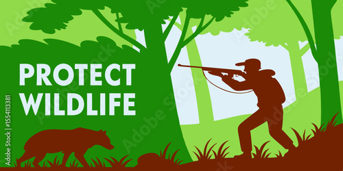 Poacher aiming at endangered animal in forest, surrounded by trees and foliage, with a red warning overlay stating Protect Wildlife, emphasizing conservation urgency