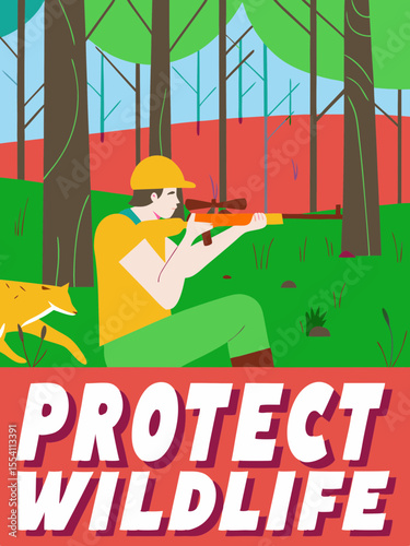 Poacher aiming at endangered animal in vibrant forest setting, with red warning overlay featuring text Protect Wildlife, emphasizing the urgent need for conservation efforts