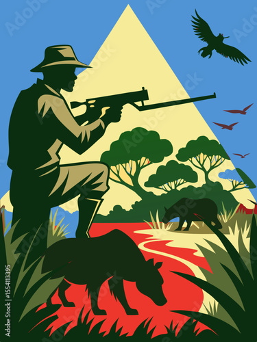 Poacher aiming at endangered animal in a vibrant landscape, with a red warning overlay highlighting the urgent need for wildlife protection and conservation efforts