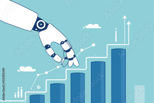 Rise of AI artificial intelligence, innovation technology to develop growth, success or progress, automation or AI for marketing and financial business concept, robot hand walk up growth graph.