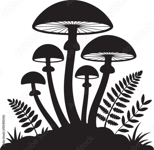 mushroom silhouette with cap and stem, vector black and fern  illustration.