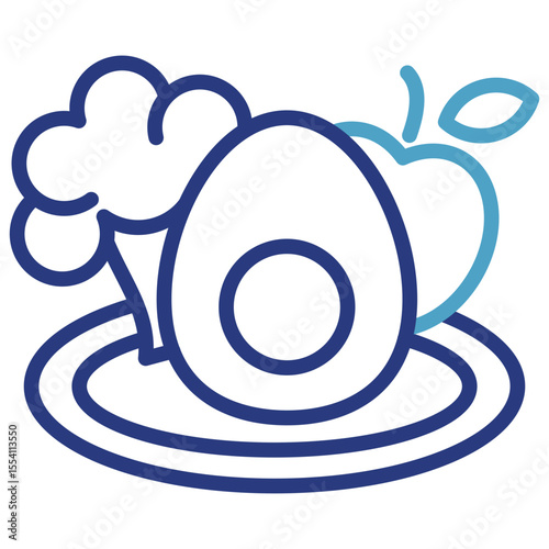 Healthy food single icon of balanced nutrition combining egg, broccoli and apple on a plate conveys a message about the importance of a nutritious diet and healthy living.