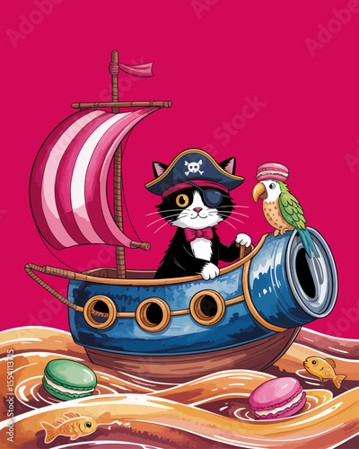 Pirate Tuxedo Cat Sailing a Sardine Can Ship on a Caramel Sea – Text-Free Book Cover Design with Whimsical Nautical Adventure and Watercolor Texture