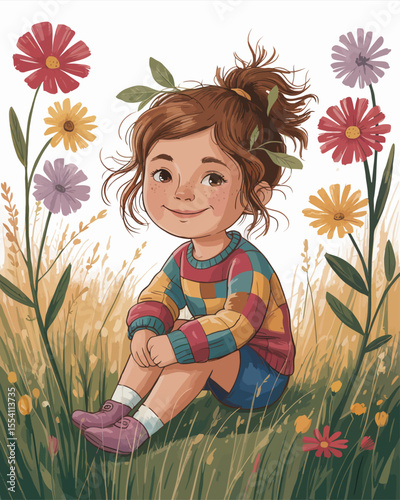 Cheerful Young Girl with Messy Hair in a Patchwork Sweater – Whimsical Storybook Illustration with Watercolor and Ink Textures for Cozy Children’s Books