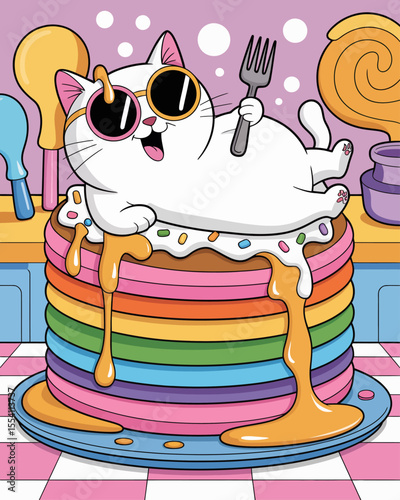 Chubby White Cat Lounging on Rainbow Pancakes in a Candyland Kitchen – Whimsical Book Cover Art with Syrup-Drip Sunglasses and Oversized Utensils