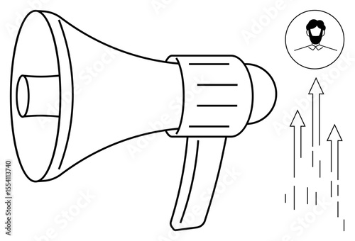 Megaphone paired with profile and ascending arrows conveying promotion, leadership, and influence. Ideal for marketing, branding, growth, announcements, advocacy, leadership empowerment themes